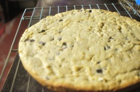 Cool your cookie cake on the pan, or use a cooling rack